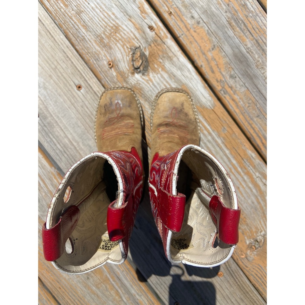 Old West Kids Cowboy Boots Tan Red Leather Square Size 10 D Cute BrokeInAleady! - Picture 6 of 8